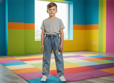 Özgün Tasarım Kaplumbağa  Baskılı Çocuk Denim Pantolon