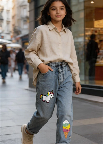 Sevimli Unicorn & Dondurma Desenli  Çocuk Jean