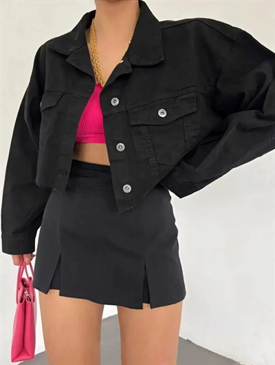 Siyah Crop Kot Ceket 