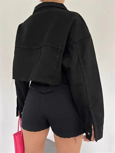 Siyah Crop Kot Ceket 