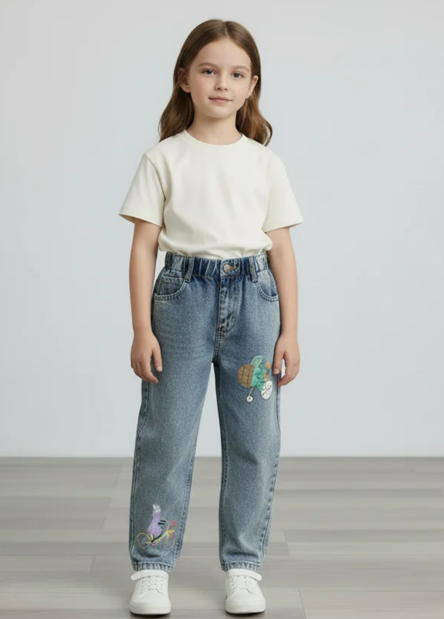 Özgün Tasarım Kaplumbağa Baskılı Çocuk Denim Pantolon
