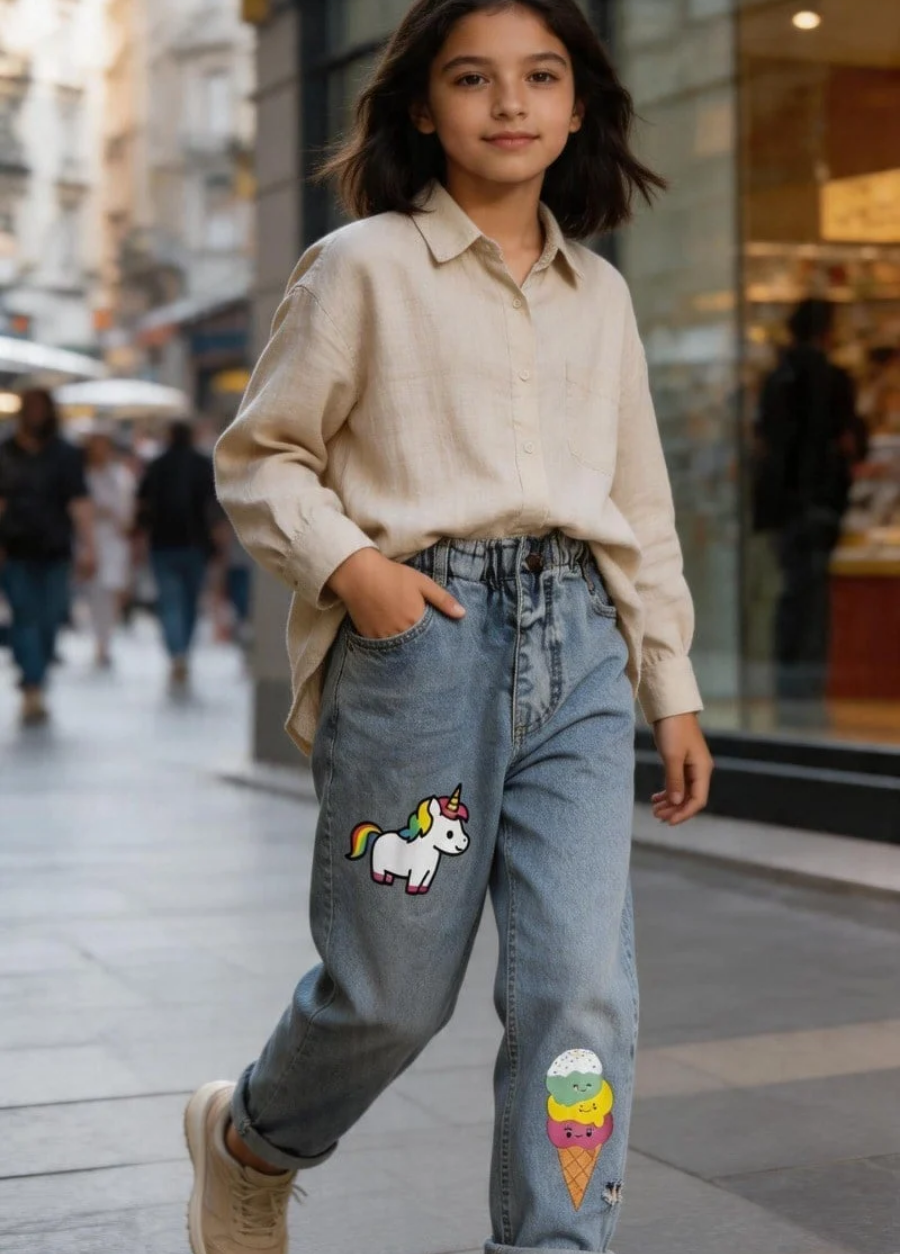 Sevimli Unicorn & Dondurma Desenli Çocuk Jean