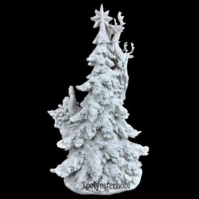 OB 2089 - Çam Ağacı Noel Baba Kızak Ve Geyikleri Ham Polyester Biblo Heykel