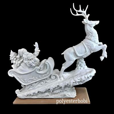 OB 2091 - Yılbaşı Noel Baba ve Kızaklı Geyik Ham Polyester Biblo Heykeller