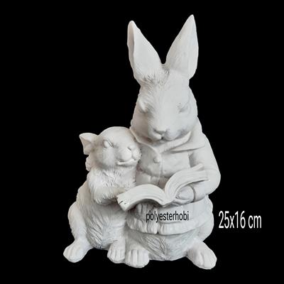 OB 2312 - Tavşan Kitap Okuyan Anne Çocuk Heykel Ham Polyester Obje