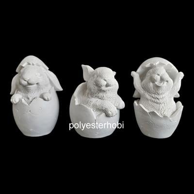 OB 2323 - Tavşan 3 Lü Yumurtadan Çıkan Biblo Heykel Ham Polyester Obje
