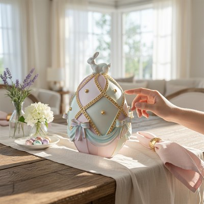 Ob 2645 - Süslü Paskalya Yumurta Tavşan Detaylı Biblo Ham Polyester Dekoratif Obje 