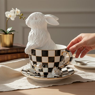 Ob 2646 - Fincanda Tavşan Detaylı Biblo Ham Polyester Dekoratif Obje 