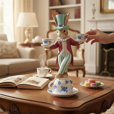 Ob 2647 - Fincanlı Alice Tavşan Detaylı Biblo Ham Polyester Dekoratif Obje 