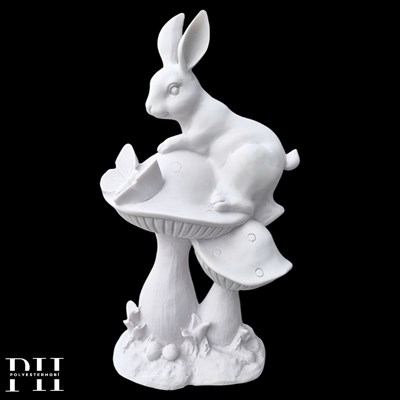 Ob 2674 - Mantar Üzerinde Tavşan  Biblo Ham Polyester Ev , Bahçe Dekoratif Obje