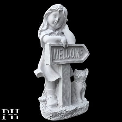 Ob 2676 - Welcome Kız Heykel Biblo Ham Polyester Ev , Bahçe Dekoratif Obje