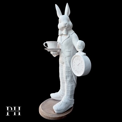Ob 2688 - Saatli Alice Tavşan Biblo Ham Polyester Ev , Bahçe Dekoratif Obje