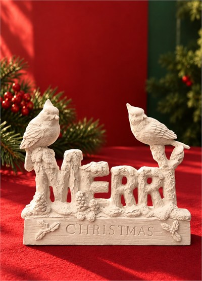 OB 2730 - Merry Chhristmas Kuş Detaylı Biblo Heykel Ham Polyester Yılbaşı Obje