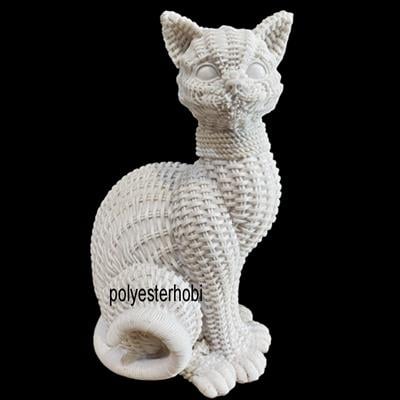 OB 2434 - Hasır Detaylı Oturan Kedi Ham Polyester Dekoratif Obje