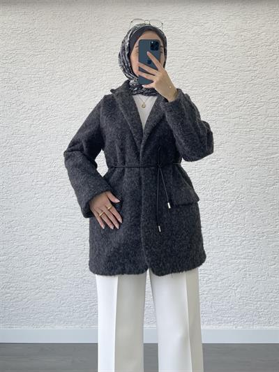 DERİ KEMERLİ KAŞE BLAZER CEKET ANTRASİT