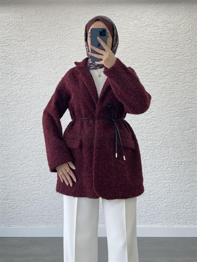 DERİ KEMERLİ KAŞE BLAZER CEKET BORDO