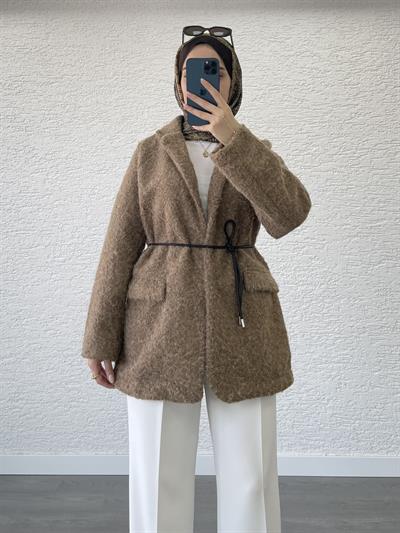 DERİ KEMERLİ KAŞE BLAZER CEKET KARAMEL