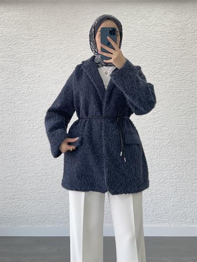 DERİ KEMERLİ KAŞE BLAZER CEKET LACİVERT