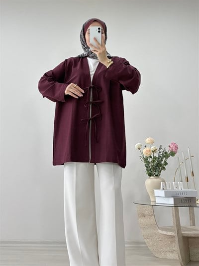ÖNDEN BAĞLAMALI KETEN KİMONO BORDO