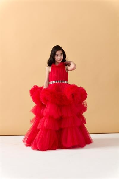 Sareinwonderland Kız Çocuk Kırmızı Grenli Fırfırlı Uzun Elbise