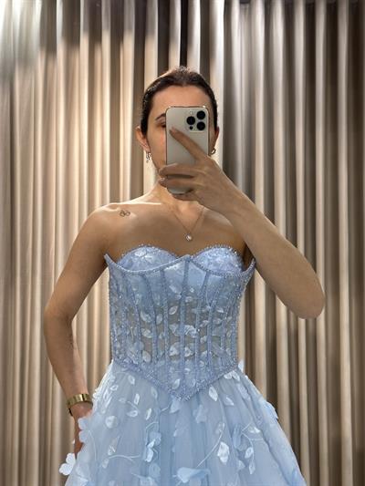 Bebe Mavi 3 Boyutlu Straplez Abiye Nişanlık | Kaleiçi Yıldızlar