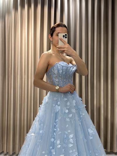 Bebe Mavi 3 Boyutlu Straplez Abiye Nişanlık | Kaleiçi Yıldızlar