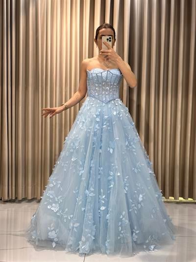 Bebe Mavi 3 Boyutlu Straplez Abiye Nişanlık | Kaleiçi Yıldızlar