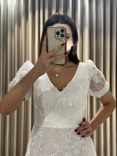Beyaz Dantel Desen Yeni sezon Kısa Kol Abiye Elbise | Kaleiçi Yıldızlar