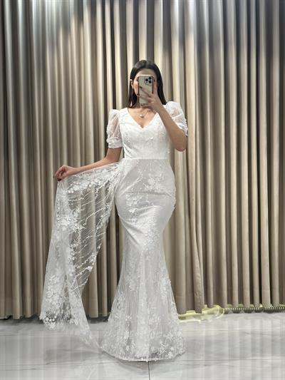 Beyaz Dantel Desen Yeni sezon Kısa Kol Abiye Elbise | Kaleiçi Yıldızlar
