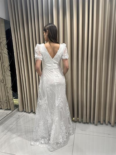 Beyaz Dantel Desen Yeni sezon Kısa Kol Abiye Elbise | Kaleiçi Yıldızlar