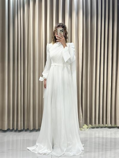 Beyaz Hakim Yaka Tesettür Abiye Tesettür Abiye Elbise | Kaleiçi Yıldızlar