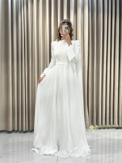 Beyaz Hakim Yaka Tesettür Abiye Tesettür Abiye Elbise | Kaleiçi Yıldızlar