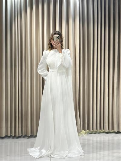 Beyaz Hakim Yaka Tesettür Abiye Tesettür Abiye Elbise | Kaleiçi Yıldızlar