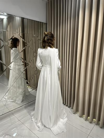 Beyaz Hakim Yaka Tesettür Abiye Tesettür Abiye Elbise | Kaleiçi Yıldızlar