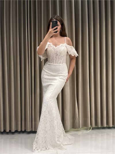 Beyaz İnce Askılı Güpür Model Balık Abiye Elbise | Kaleiçi Yıldızlar