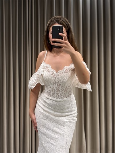 Beyaz İnce Askılı Güpür Model Balık Abiye Elbise | Kaleiçi Yıldızlar