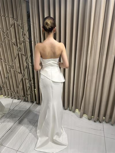 Beyaz Staplez Balık Model Taş Yaka Abiye Elbise | Kaleiçi Yıldızlar
