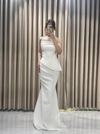Beyaz Staplez Balık Model Taş Yaka Abiye Elbise | Kaleiçi Yıldızlar