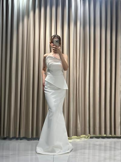 Beyaz Staplez Balık Model Taş Yaka Abiye Elbise | Kaleiçi Yıldızlar