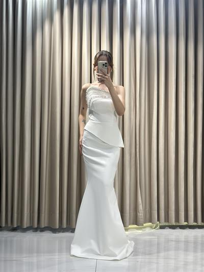 Beyaz Staplez Balık Model Taş Yaka Abiye Elbise | Kaleiçi Yıldızlar