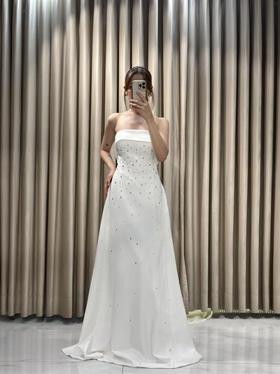 Beyaz Straplez Damla Taş Model Çan Model Abiye Elbise | Kaleiçi Yıldızlar