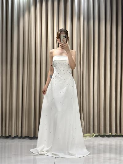 Beyaz Straplez Damla Taş Model Çan Model Abiye Elbise | Kaleiçi Yıldızlar