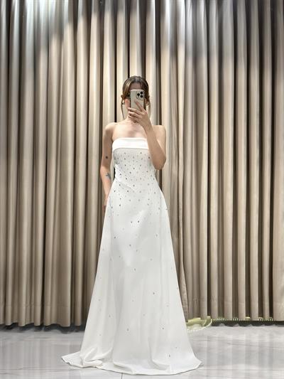 Beyaz Straplez Damla Taş Model Çan Model Abiye Elbise | Kaleiçi Yıldızlar