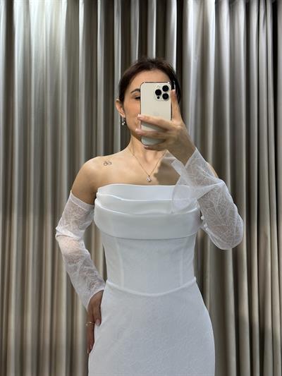 Beyaz Dantel İşlemeli Balık Model Abiye Elbise | Kaleiçi Yıldızlar