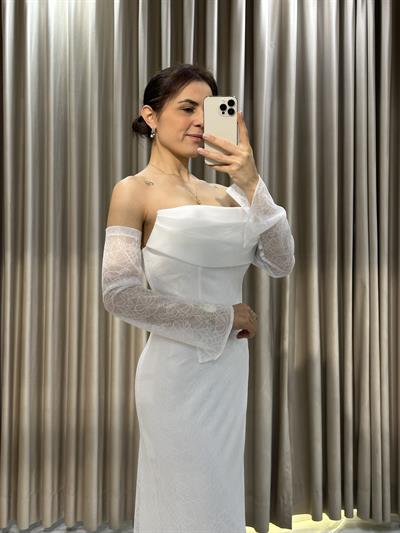 Beyaz Dantel İşlemeli Balık Model Abiye Elbise | Kaleiçi Yıldızlar