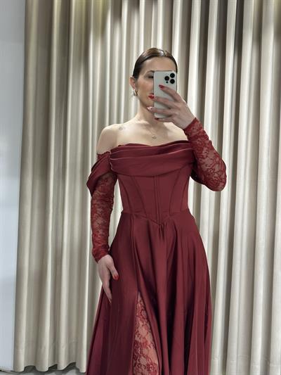 Bordo Kayık Yaka Dantel Kollu Abiye Elbise | Kaleiçi Yıldızlar
