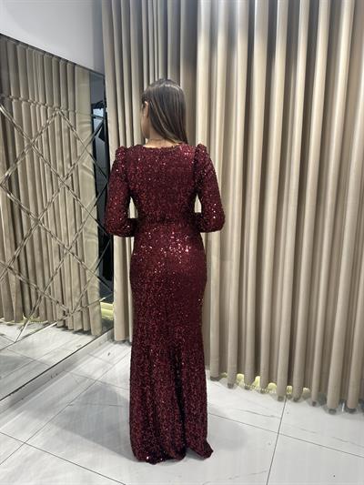 Bordo Payet Uzun kollu Abiye Elbise | Kaleiçi Yıldızlar