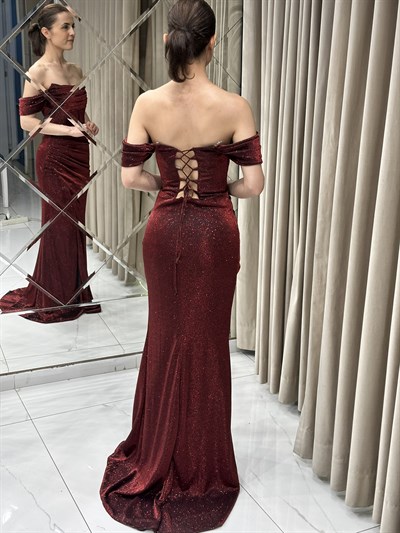 Bordo Simli Kumaş Madonna Kol Abiye Elbise | Kaleiçi Yıldızlar