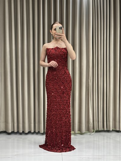 Bordo Straplez Pul Payet İşlemeli Abiye Elbise | Kaleiçi Yıldızlar