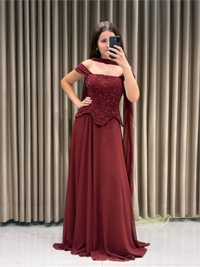 Bordo Üzeri Taş İşlemeli Kloş Abiye Elbise | Kaleiçi Yıldızlar